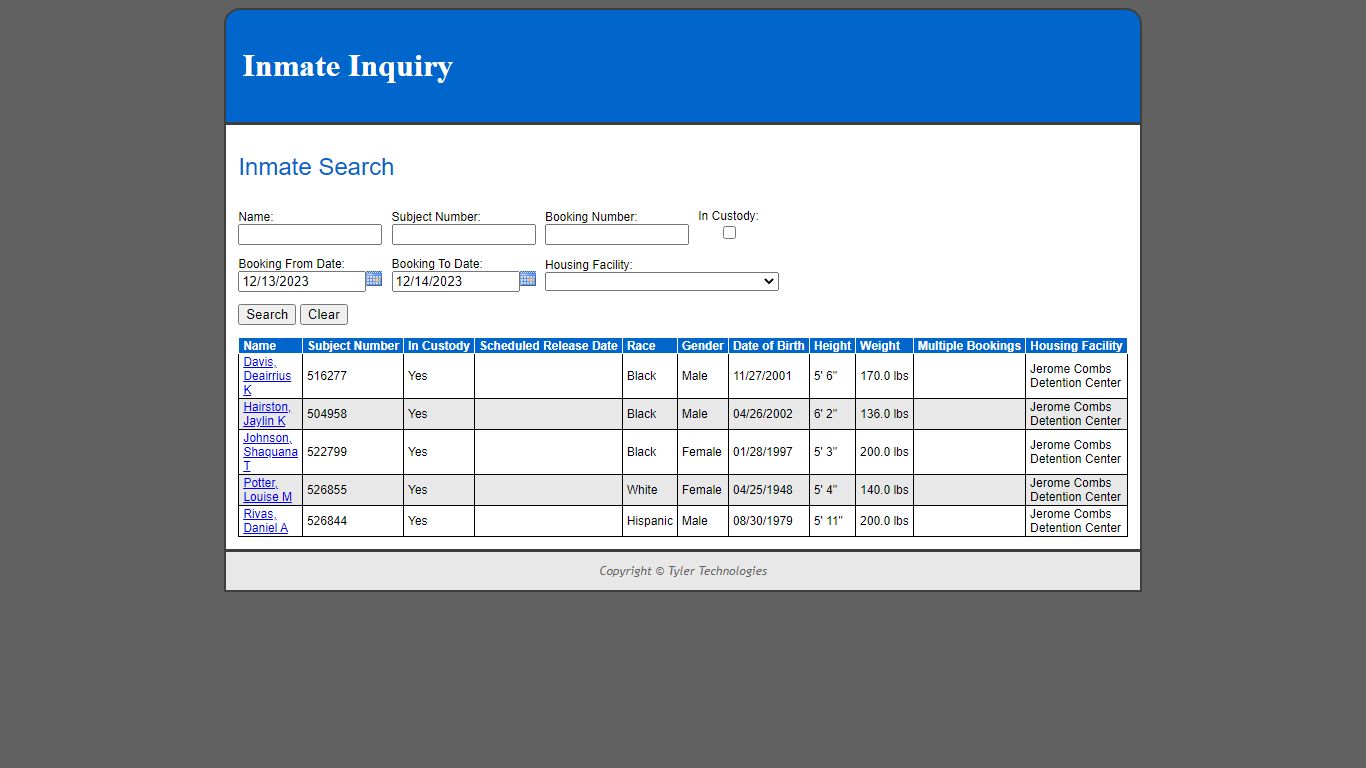Inmate Inquiry - Inmate Search